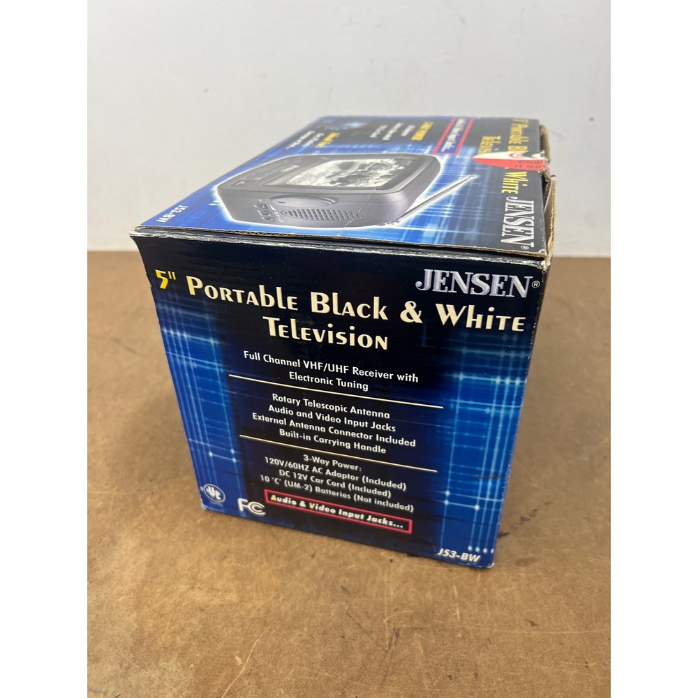 Jensen J53-BW 5" Portable Black & White Television CRT Vintage w Box car adapter